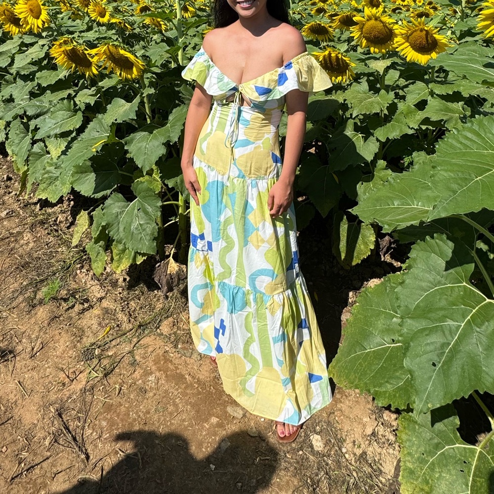 SABO SKIRT Adorne Checker Floral Off-Shoulder Maxi Dress